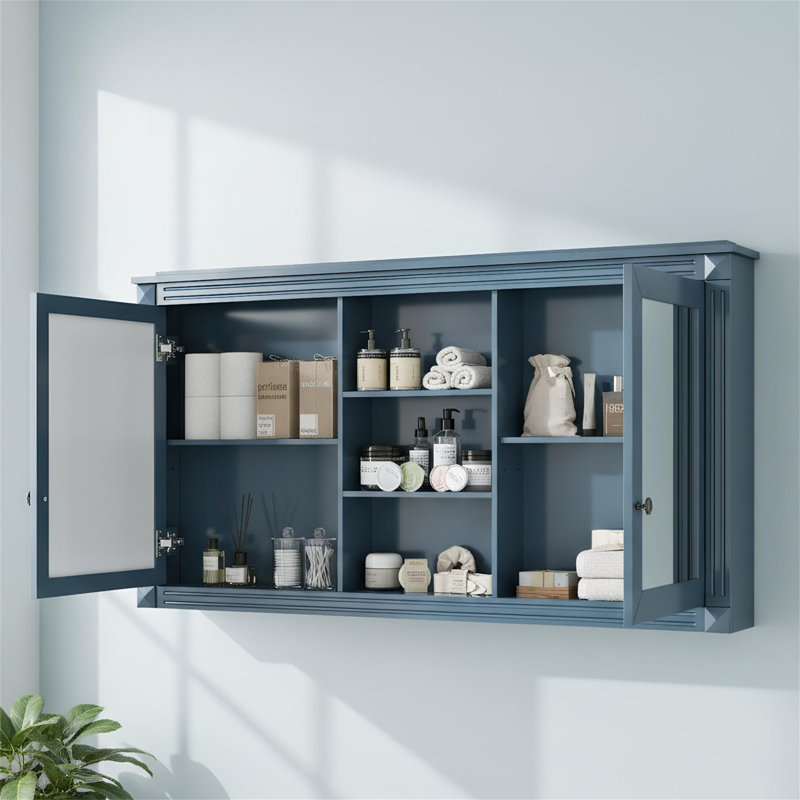 Armoire à pharmacie murale 55 po 2 en 1 avec 2 portes en miroir HD, charnières à fermeture douce et tablette intérieure réglable, bleu