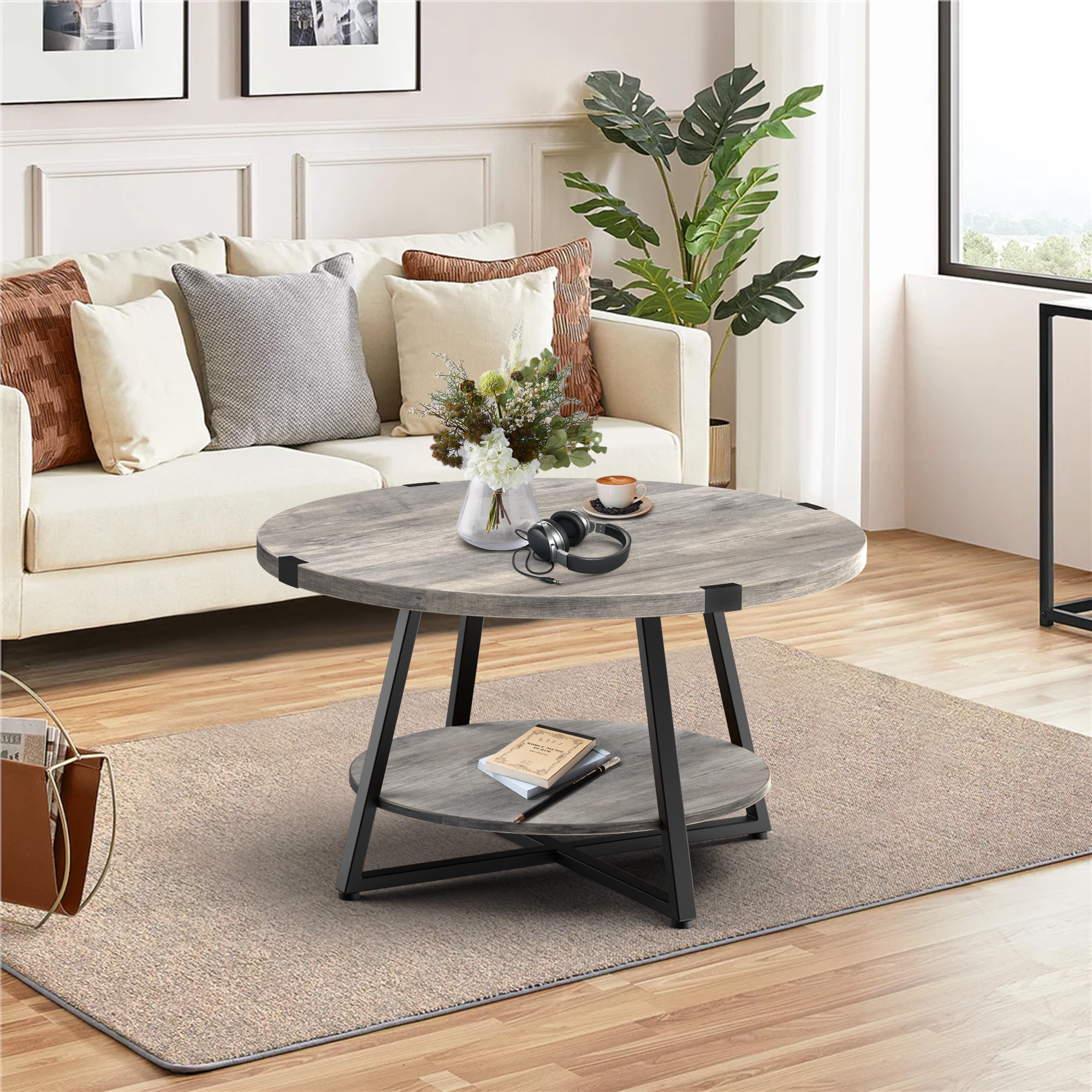 17 Stories Jahaira Round Coffee Table with 2-Tier Storage Shelves & Reviews | Wayfair