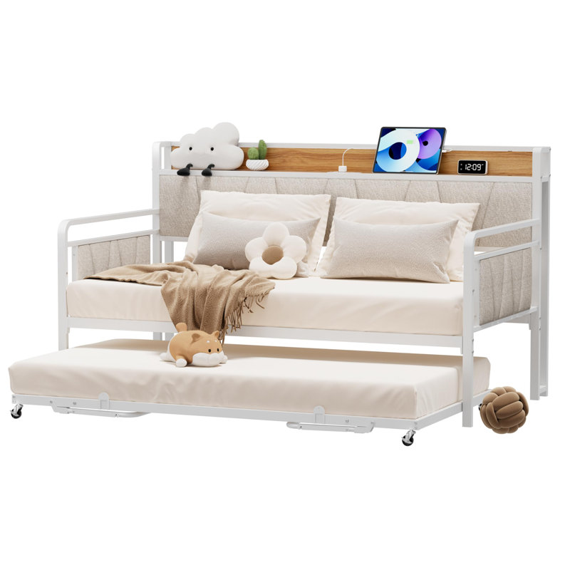 Twin Size Daybed with Trundle,Sturdy Metal Bed Frame with Upholstered Headboard for Living Room, Bedroom, Studio Apartment