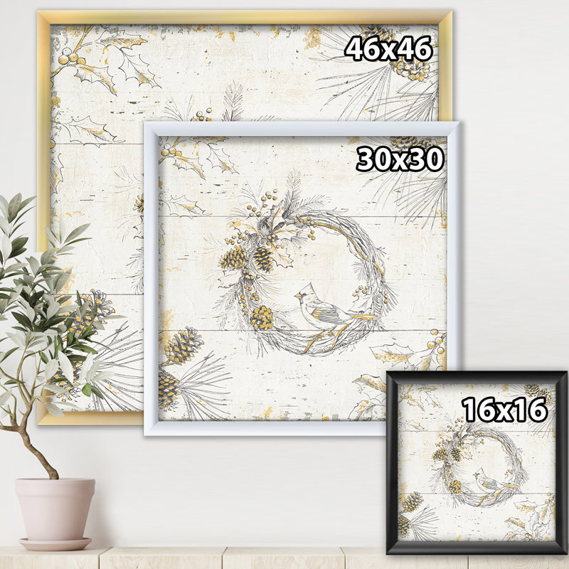 Gold Beautiful Cardinals - reproduction d'art sur toile encadrée, H 16 po x l 16 po x P 1 po, Cadre noir