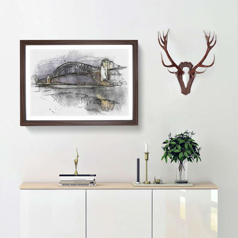 Sydney Harbour Bridge Australia in Abstract - Picture Frame Graphic Art Print, 48cm H x 65cm W x 2cm D, Walnut Framed