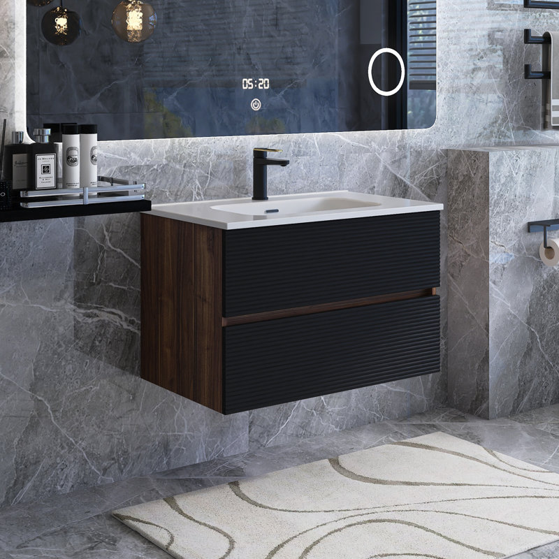 Grand meuble-lavabo de rangement mural moderne noir et noyer pré-assemblé avec lavabo en céramique intégré