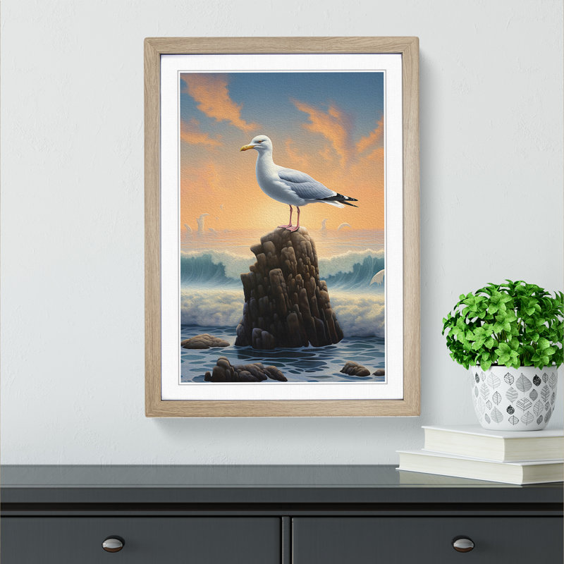 Seagull Surrealism - Single Picture Frame Print on Wood, Oak, 34cm H x 25cm W x 2cm D