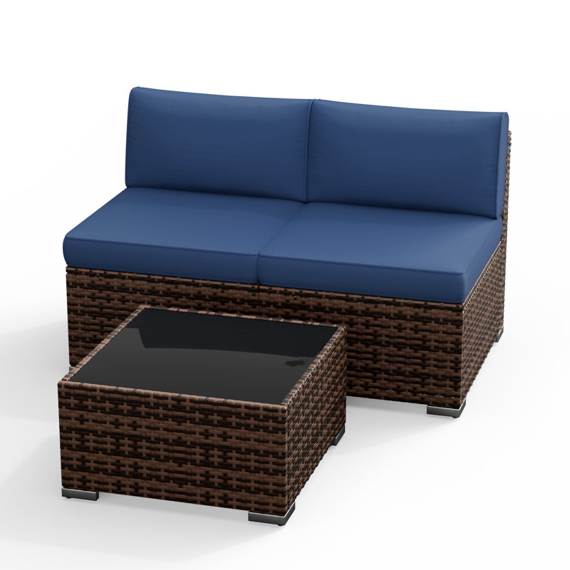 Comanche 26.3" H 3-Piece Outdoor Seating Group with PE Wicker and Steel Frame., Navy