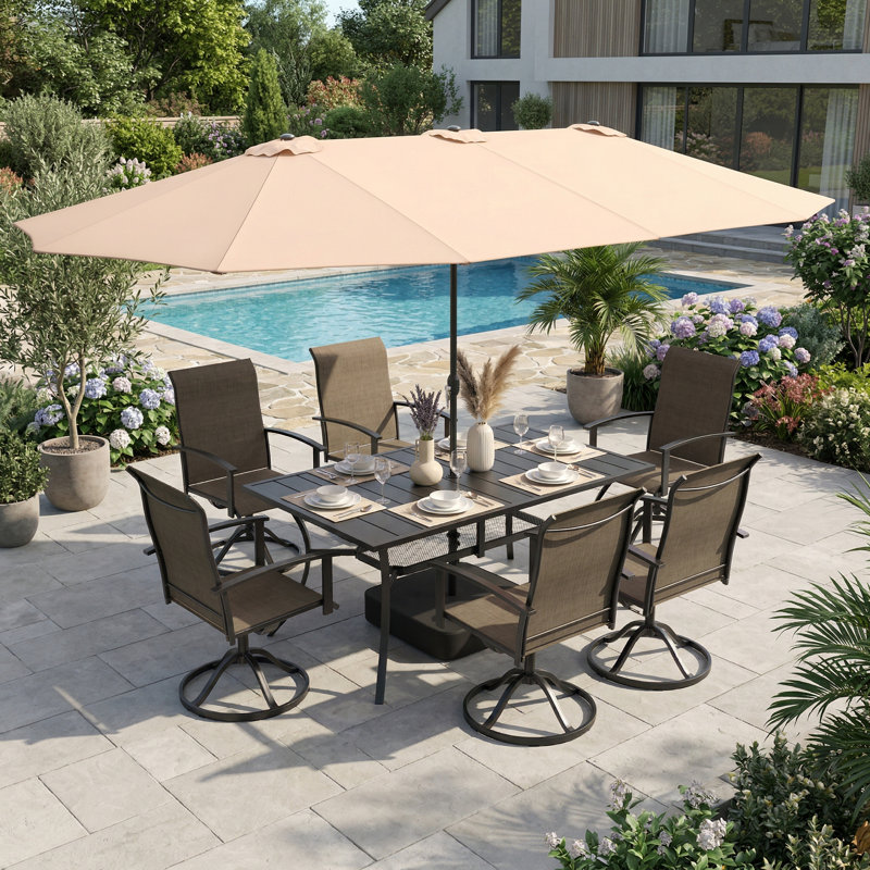Ensemble de salle à manger rectangulaire pour 6 personnes avec parasol, Brun, Beige