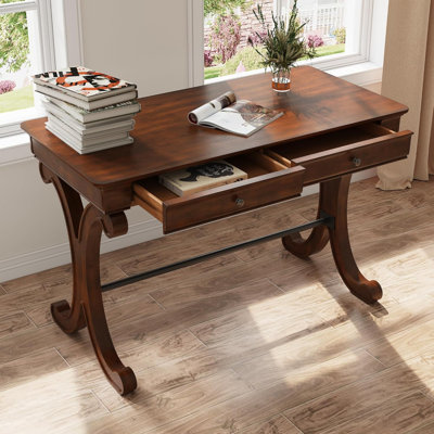 LUMERA Collection Traditional Writing Desk with Cherry Wood Finish, Elegant Executive Home Office Desk with Curved Pedestal Legs and Storage Drawer, Classic Computer Desk for Bedroom, Study Room and Living Space