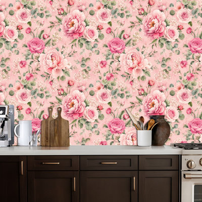 Papier peint auto-adhésif à motif de pivoines roses auto-adhésives et amovibles 24 po x 118 po (60 x 300 cm)