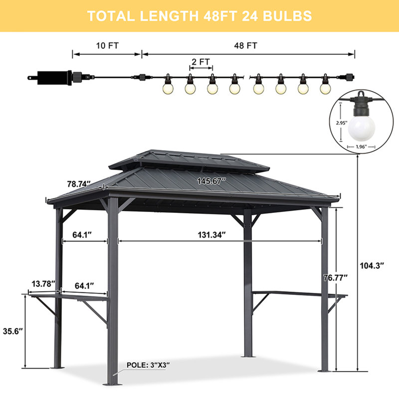 Aluminum Hardtop Grill Gazebo with Lighted, 6' x 12', Gray