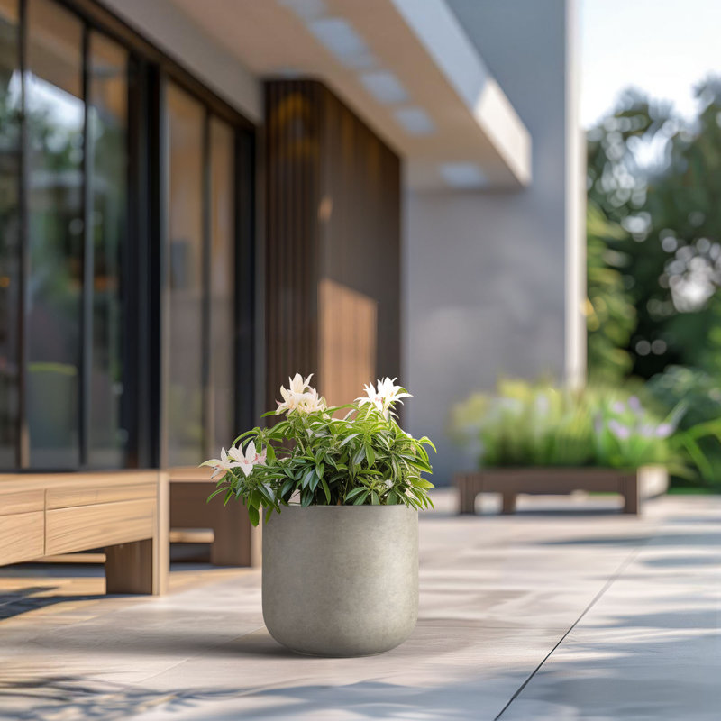 Large Concrete Round Planter / Pot With Drainage Holes, 15.75" H x 17.32" W x 17.32" D, Light Gray