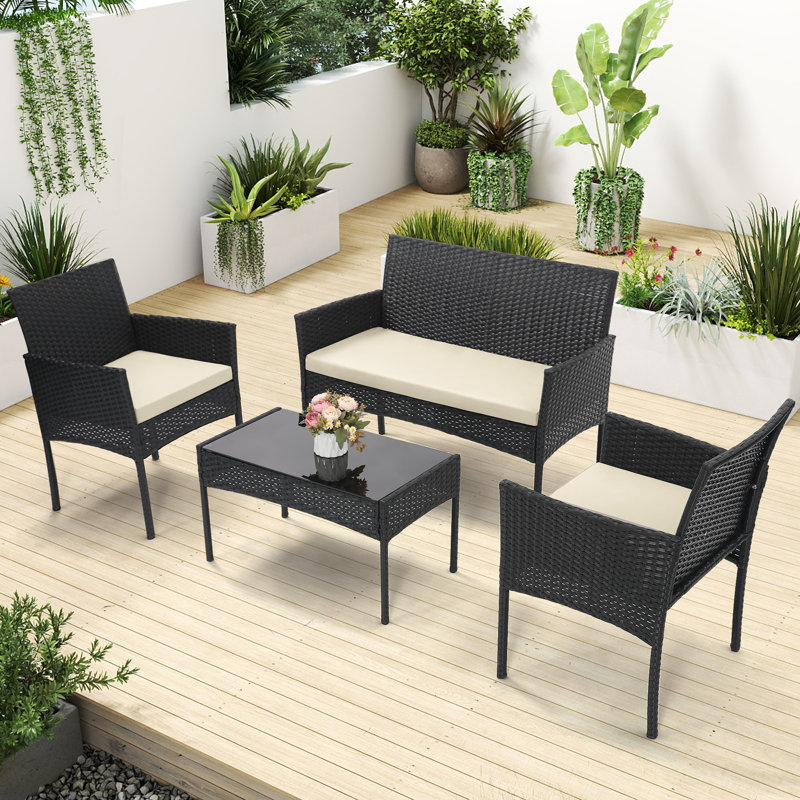 4-Piece Rattan Wicker Patio Furniture Set - Outdoor Conversation Sofa Set with Coffee Table & 2 Chairs