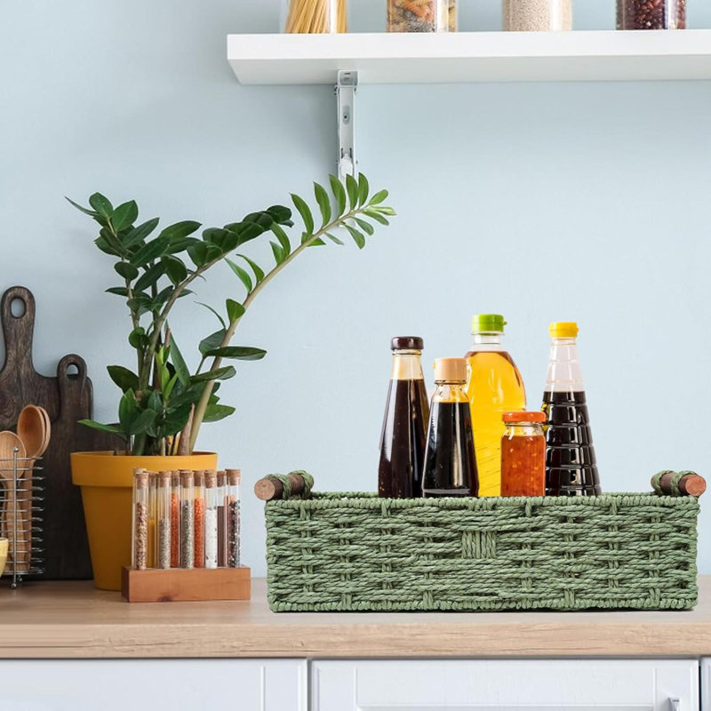 Round Paper Rope Storage Basket Wicker Baskets For Organizing With Handle Decorative Storage Bins For Countertop Toilet Paper Basket For Toilet Tank Top Small Baskets