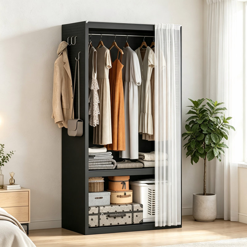 Armoire en métal autoportante avec rideau transparent, tringle et tablette de rangement