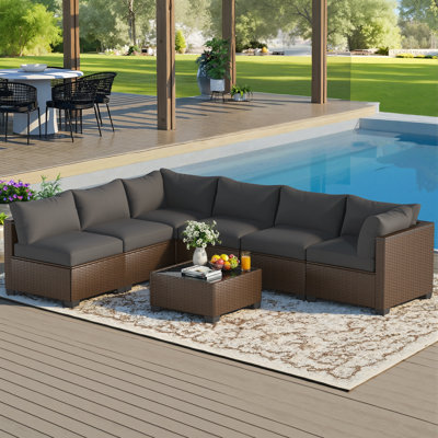 7-Piece Wicker Outdoor Patio Conversation Furniture Set with Cushions and Coffee Table