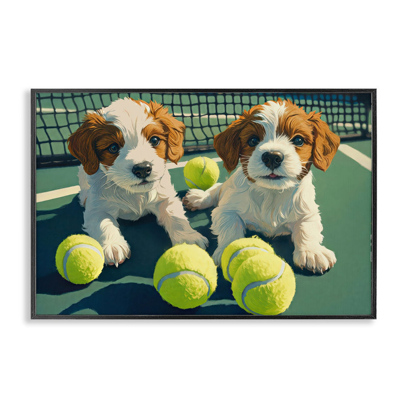 Chiot ludique avec balles de tennis, estampe numérique, imaginée par Imagine It Images, H 16 po x l 24 po