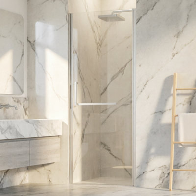 Porte de douche pivotante sans cadre réglable de l 27 à 28 po x H 72 po Yingze, porte de douche en verre trempé de 6 mm avec revêtement Nano, installation réversible, quincaillerie en nickel brossé, s'adapte aux murs inégaux