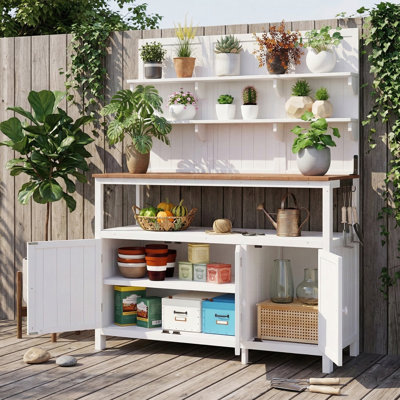 Banc de rempotage en bois massif 50,2 po avec huche - Grand poste de travail de jardin extérieur - 2 armoires de rangement et 3 crochets latéraux - Finition naturelle