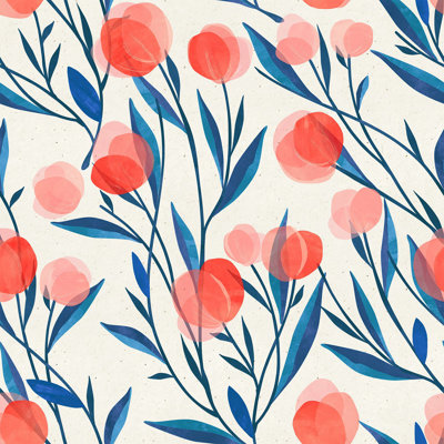 Panneau de papier peint feuilles bleues avec fleurs rouges L 10,4 pi x l 25 po