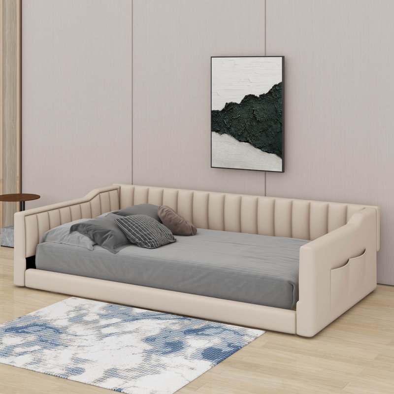 Full XL Upholstery Daybed And Side Storage Pocket, Full XL, Beige