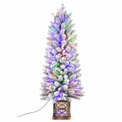 4ft Pre-Lit Snow Flocked Christmas Tree with 100 Multicolor LED Lights, 397 Tips Small Mini Artificial Tree with Pinecones, Glitter Basin Base Holiday
