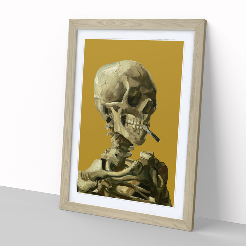 Mustard Skull of a Skeleton with Cigarette by Vincent Van Gogh - Picture Frame Painting, 48cm H x 36cm W x 2cm D, Oak Framed