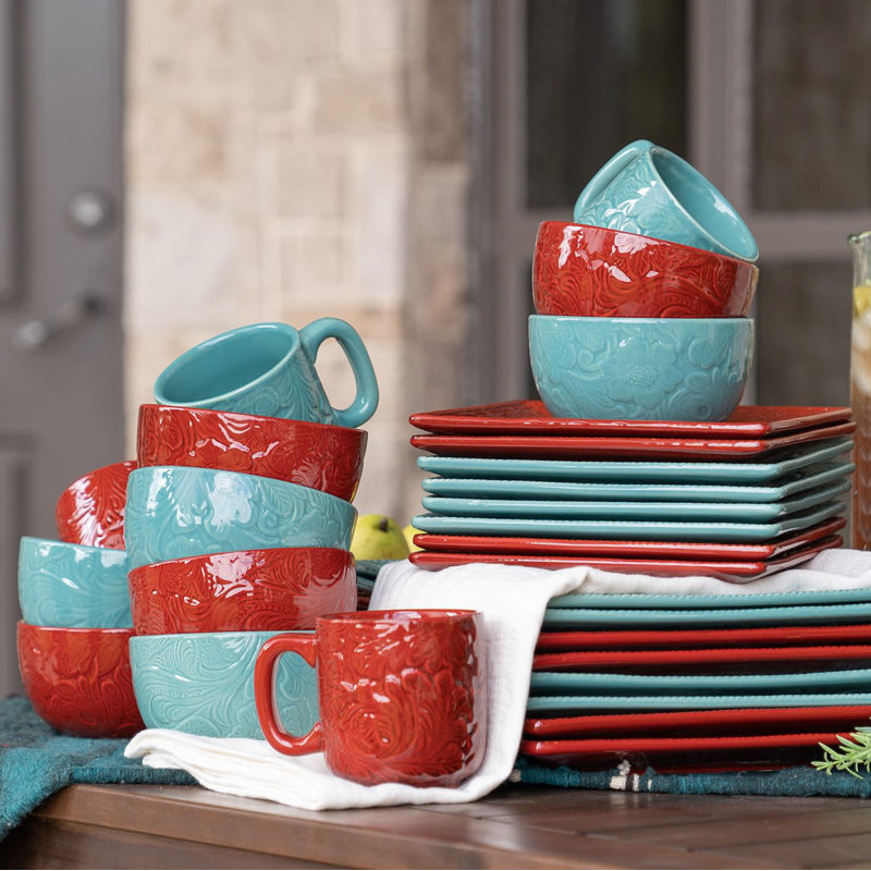 Turquoise Floral Ceramic Square Dinnerware Set, Service for 4
