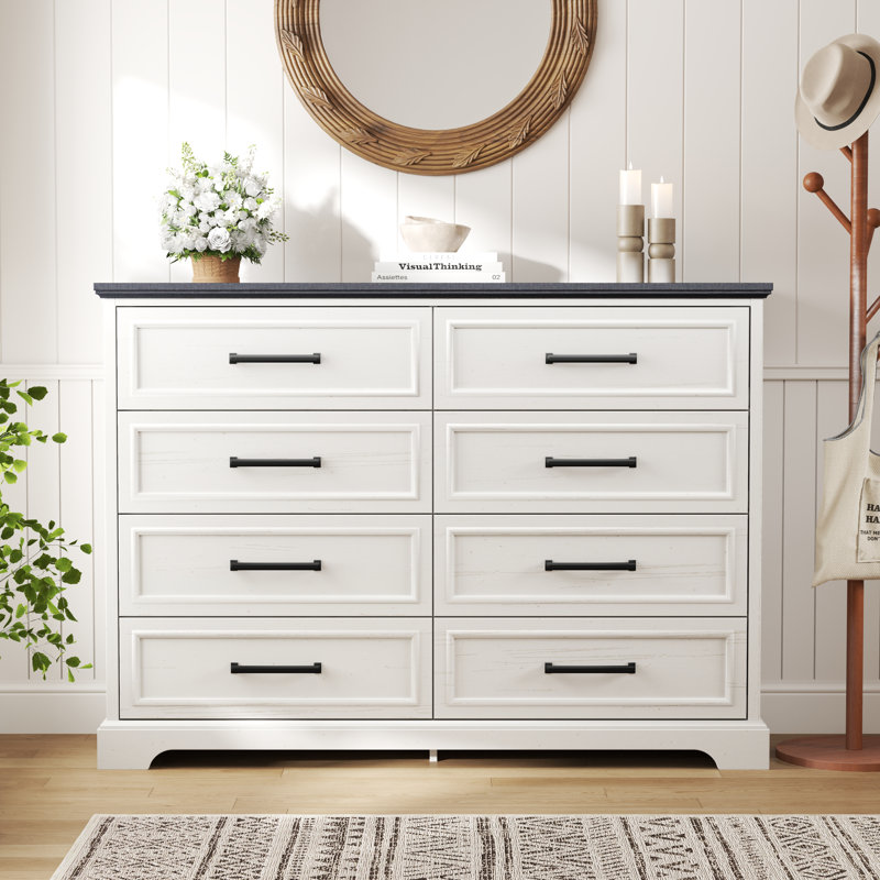 Commode 8 tiroirs Farmhouse pour chambre à coucher, commode rustique en bois de 52 po de largeur avec poignée en métal, texture naturelle