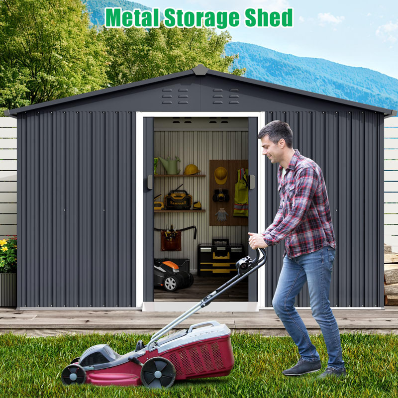 10' x 10' Metal Outdoor Storage Shed with Lockable Sliding Door, Vented Sloped Roof, Weatherproof Garden & Tool Shed