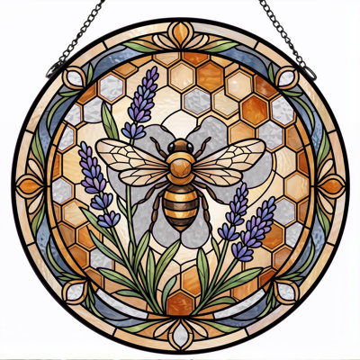 Bee Honeycomb Stained Glass Window Panel，7.8H