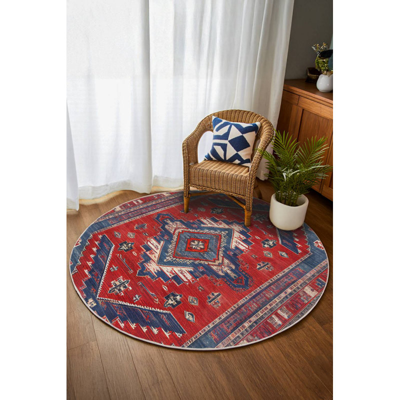 Martwon Collection Digital Print Cotton-Polyester Red Navy Rug, Round 4'