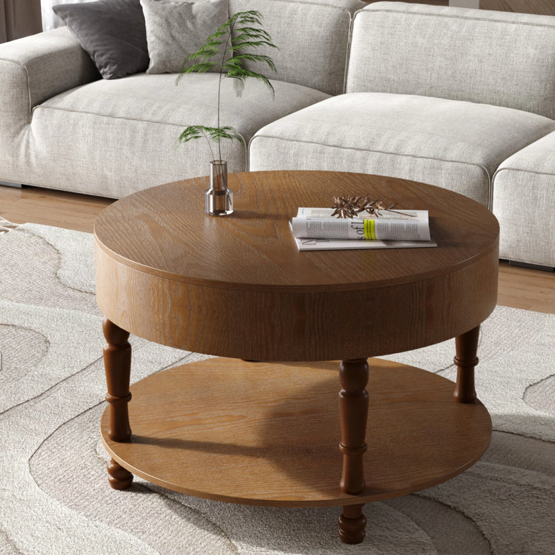 Table basse ronde de 31,5 po Ailey pour espace de vie principal, rangement à deux niveaux, couvercle rabattable, tablette ouverte, bois massif +, assemblage rapide, table de style noyer, solution de rangement, plateau de table,