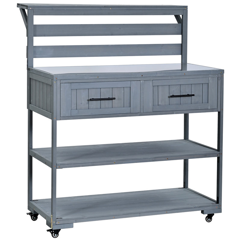 Chariot de cuisine en bois massif avec plateau en acier inoxydable de 2,3 po pour îlot de cuisine, Gris