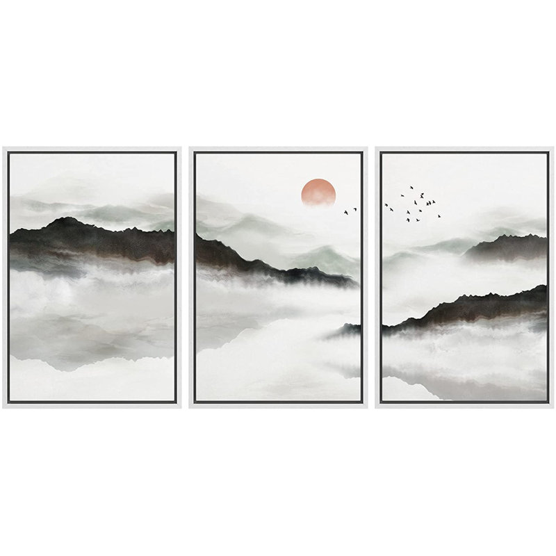 «Abstract Landscape Misty Mountain», peinture sur toile 3 pièces, L 72 po x H 36 po, Blanc