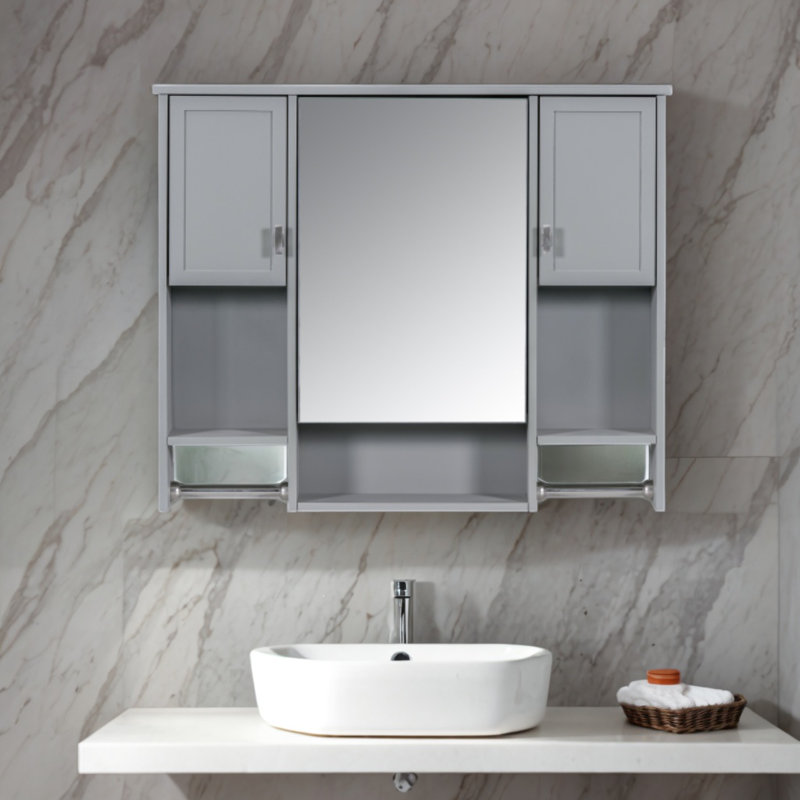 Armoire de salle de bain murale moderne avec miroir et rangement dissimulé, Gris