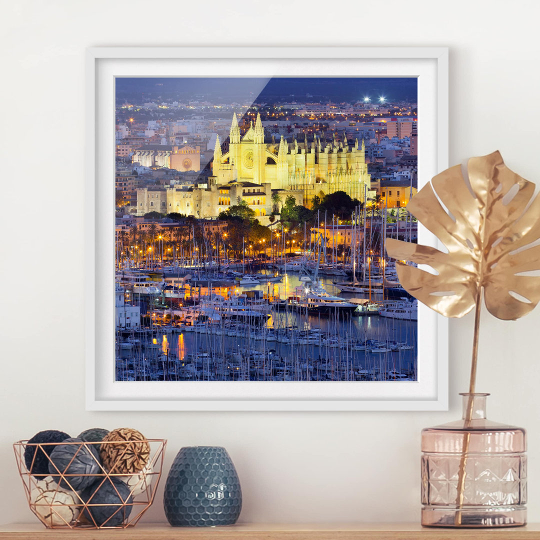 Gerahmtes Papierbild Palma de Mallorca City Skyline und Hafen