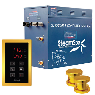 Steamspa Oasis Series 12 KW Quickstart Stainless Steel Acu-Steam Bath Generator Package In Glossy Gold Finish