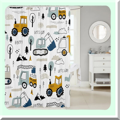 Construction Fun Kids Shower Curtain Set - Cartoon Cars & Trucks Bath Decor, Excavator & Tractor Design, White & Yellow, 72x72