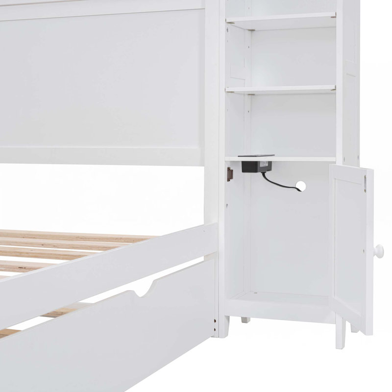 Wooden Bed With Sockets And Trundle, Full, White