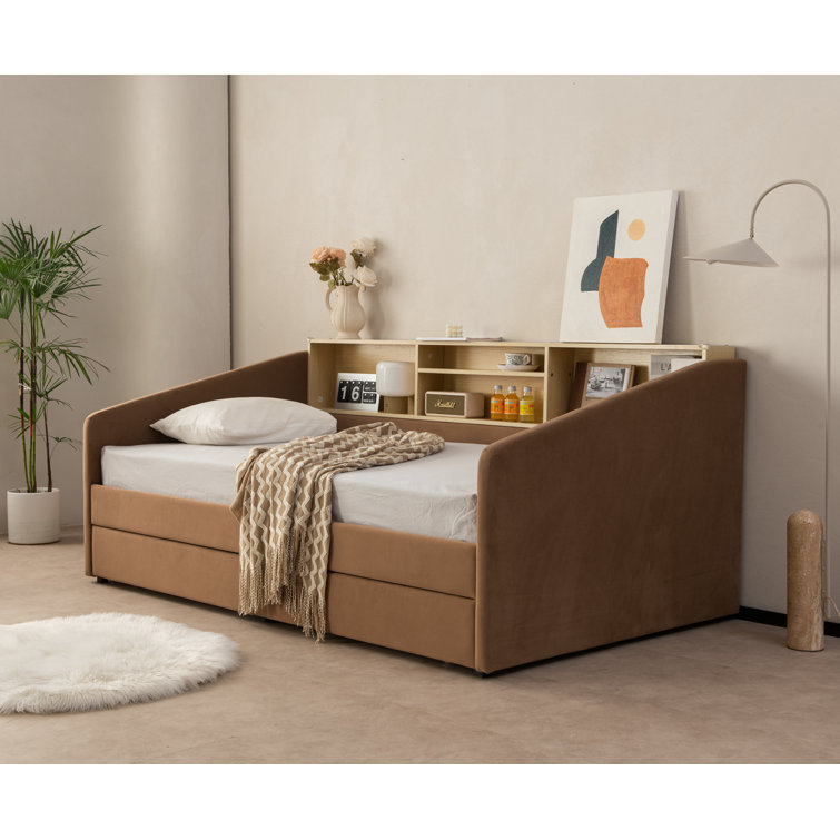 Guisselle Upholstered Twin 2 Drawers Storage Daybed with Shelf Headboard 