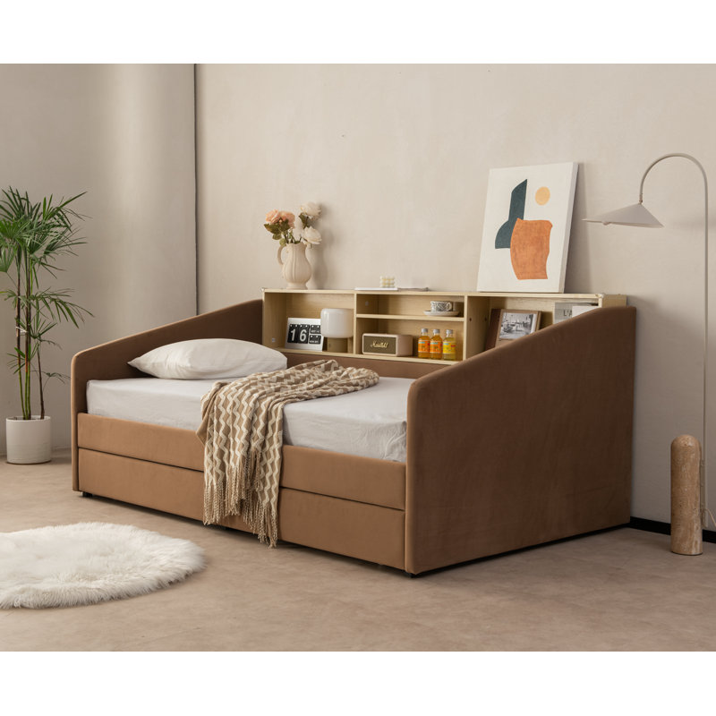 Guisselle Upholstered Twin 2 Drawers Storage Daybed with Shelf Headboard 