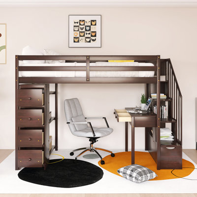 Wood Frame Twin Loft Bed With Storage Drawers ,Desk And Stairs