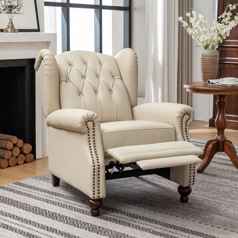 Almantas 31" Wide Genuine Leather Wing Chair Recliner, Beige Genuine Leather