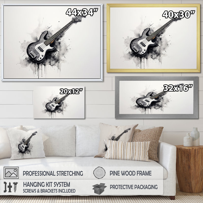 Bass Reverberation Cool Charcoal III - Reproduction d'art mural musique, Cadre flottant noir, H 12 po x l 20 po x P 1 po