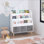 Bibliothèque pour enfants avec 3 bacs de rangement en tissu, organisateur de livres en bois blanc pour les tout-petits et les enfants, support à livres avec pieds en pin pour la salle de jeux, la chambre de bébé ou la chambre à coucher
