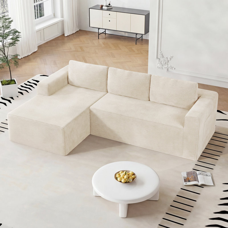 Canapé modulaire moderne en L en velours côtelé de 94,5 pouces avec poches de rangement, Velours côtelé - beige