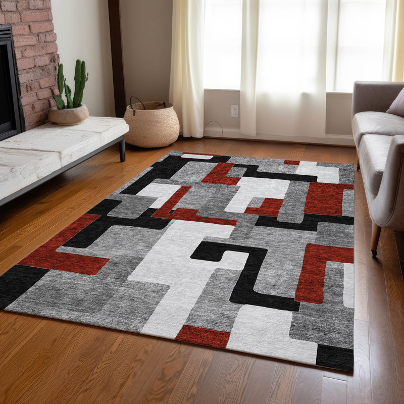 Gray Geometric Washable Synthetic Indoor/Outdoor Rug 3' x 5'