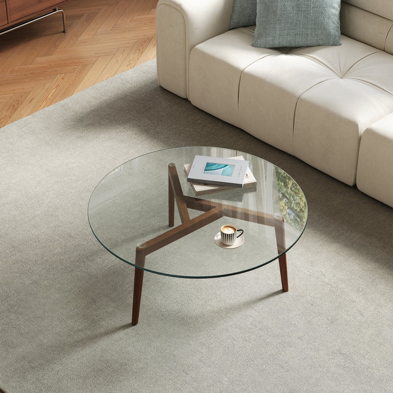 Table basse moderne avec dessus en verre et piètement en bois massif, table basse contemporaine pour salon