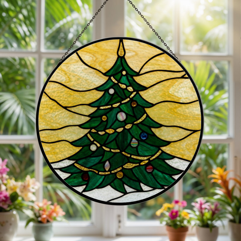12"H Christmas Tree Stained Glass Window Panel