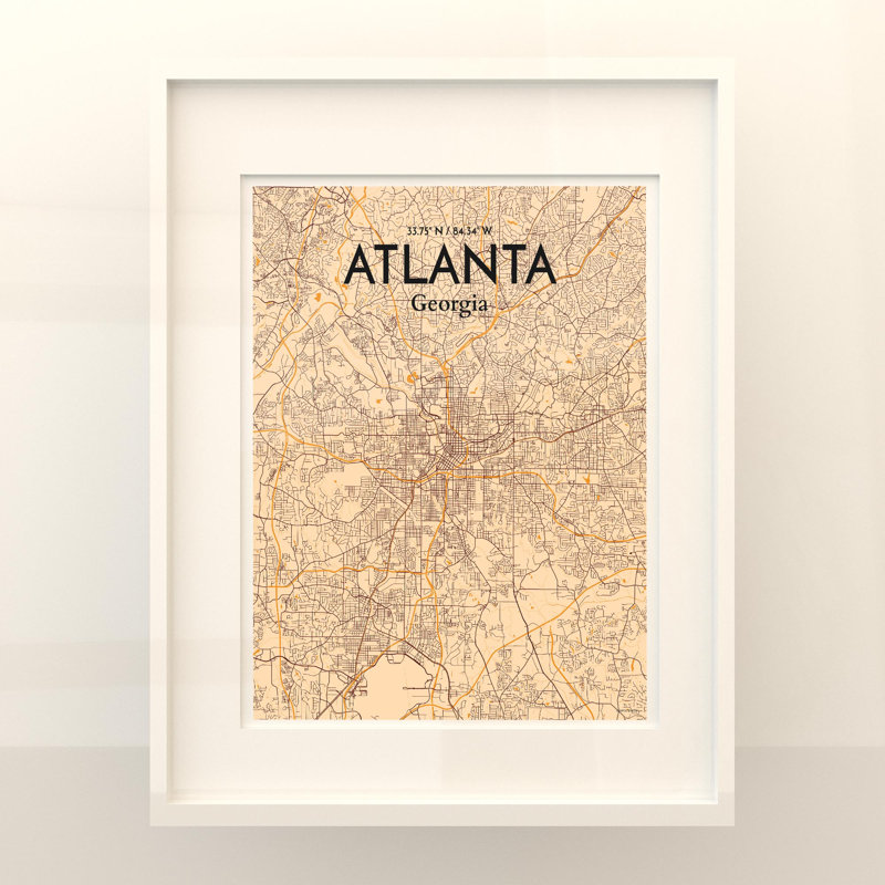 Carte de la ville d'Atlanta, impression rétro, Orange / or pâle, H 20 po x l 16 po
