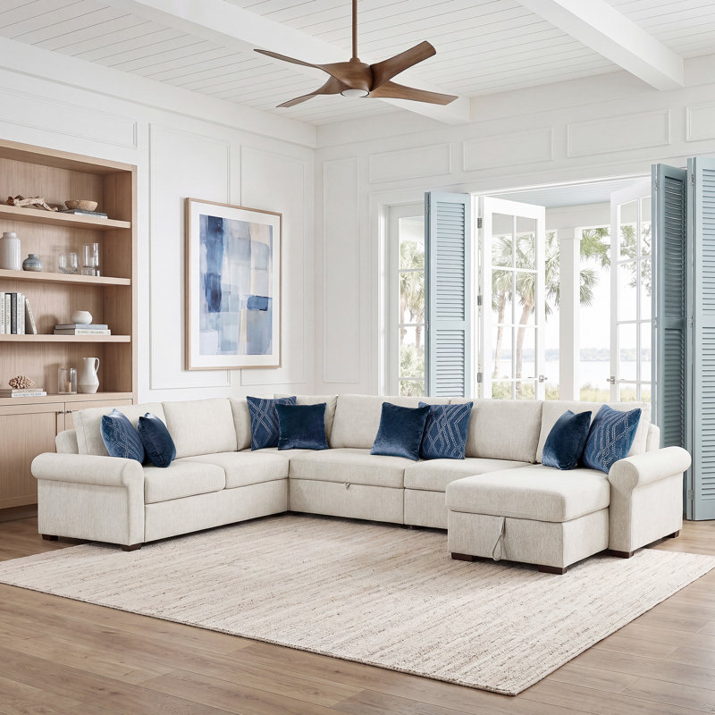 Canapé modulaire en microfibre 5 pièces avec lit escamotable, méridienne réversible et accoudoirs roulés 153 po., Beige