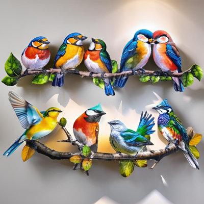 Décoration murale en métal pour oiseaux, oiseaux vifs sur une branche, feuilles suspendues, décor de colibri en métal, convient aux décorations murales extérieures pour jardin et clôture de jardin (ensemble de 2 oiseaux colorés)